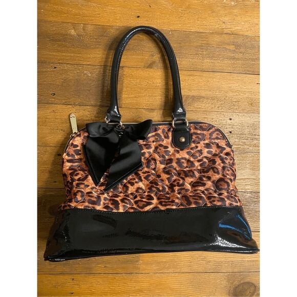 Betsey Johnson Sateen Cheetah Print Satchel bag purse tan black bow - Picture 1 of 12